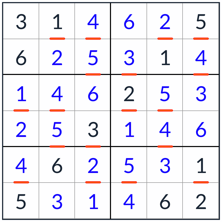 Anti-King Consecutive Sudoku 6x6 solution