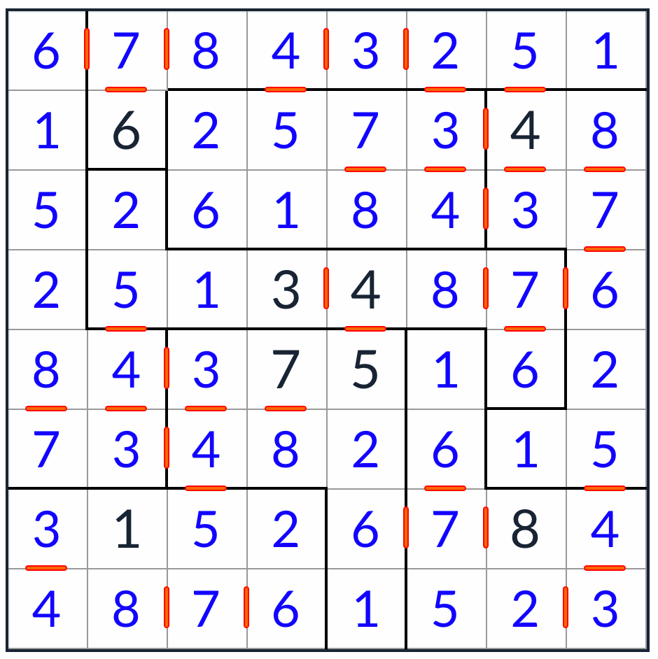 Anti-Knight Irregular Consecutive Sudoku 8x8 solution