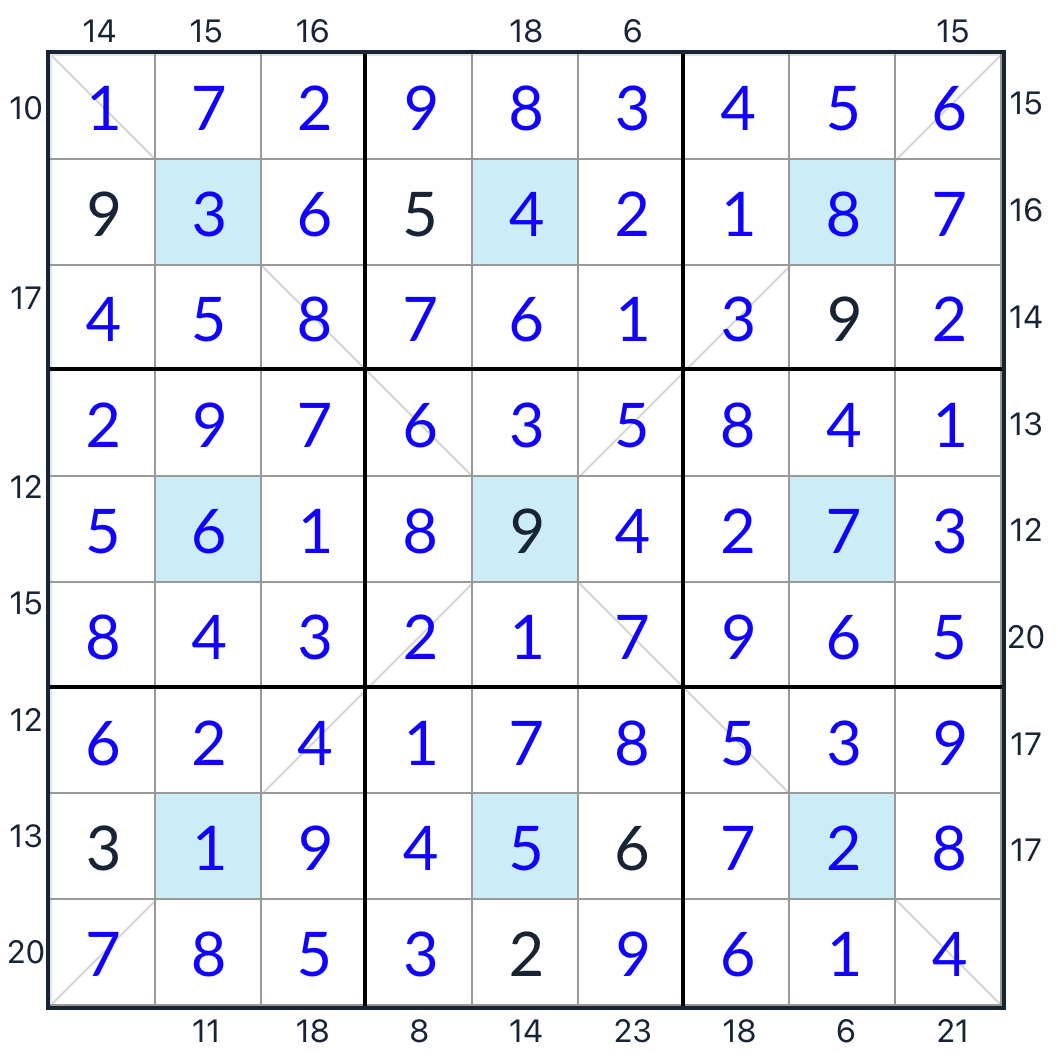 Diagonal Center Dot Frame Sudoku solution