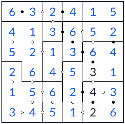 Irregular Kropki Sudoku 6x6 solution