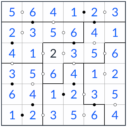 Anti-King Irregular Kropki Sudoku 6x6 solution