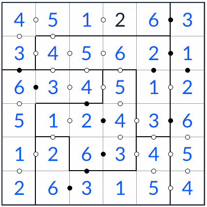 Anti-Knight Irregular Kropki Sudoku 6x6 solution