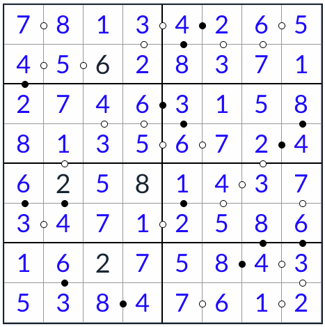 Kropki Sudoku solution