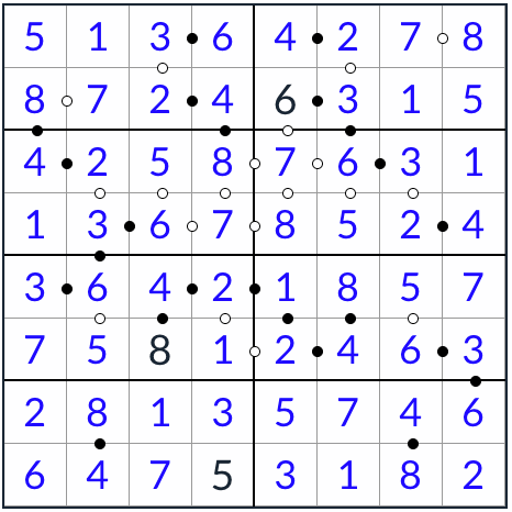 Anti-Knight Kropki Sudoku 8x8 solution