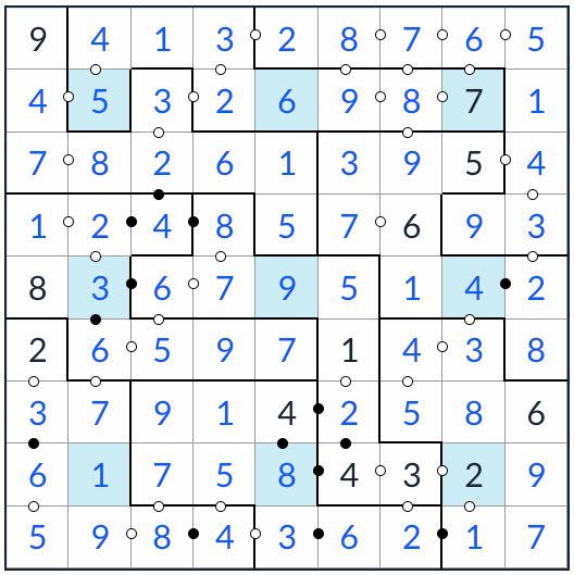 Irregular Center Dot Kropki Sudoku solution