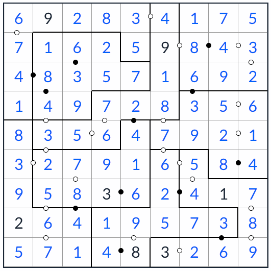 Irregular Kropki Sudoku solution