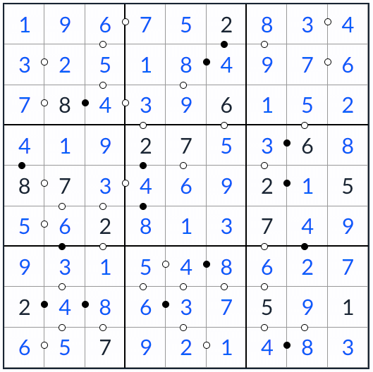 Anti-King Kropki Sudoku solution