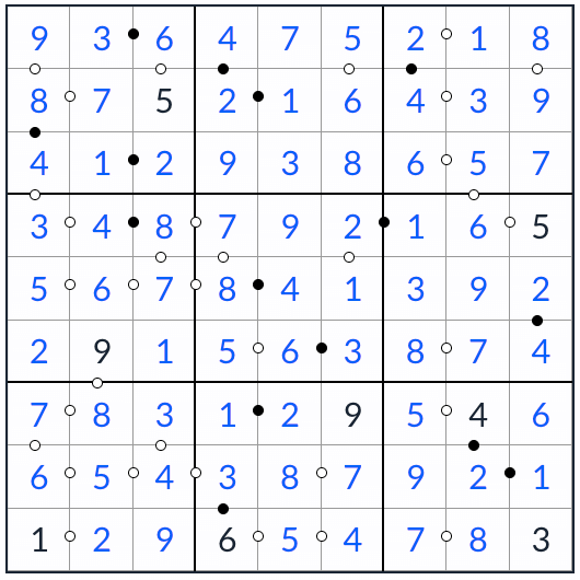 Anti-Knight Kropki Sudoku solution
