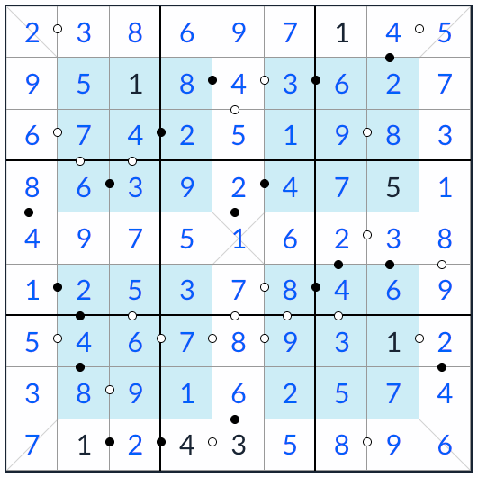 Hyper Diagonal Kropki Sudoku solution