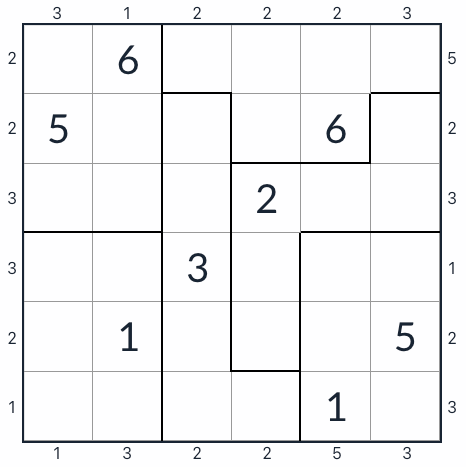 Anti-King Irregular Skyscraper Sudoku 6x6