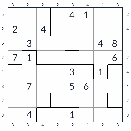 Irregular Skyscraper Sudoku 8x8