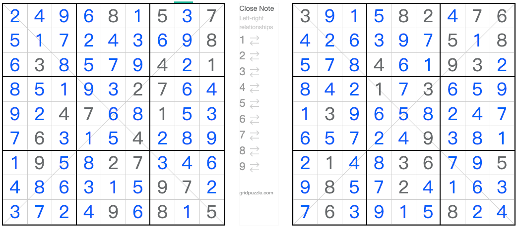 Twin Corresponding Diagonal Anti-king Sudoku solution