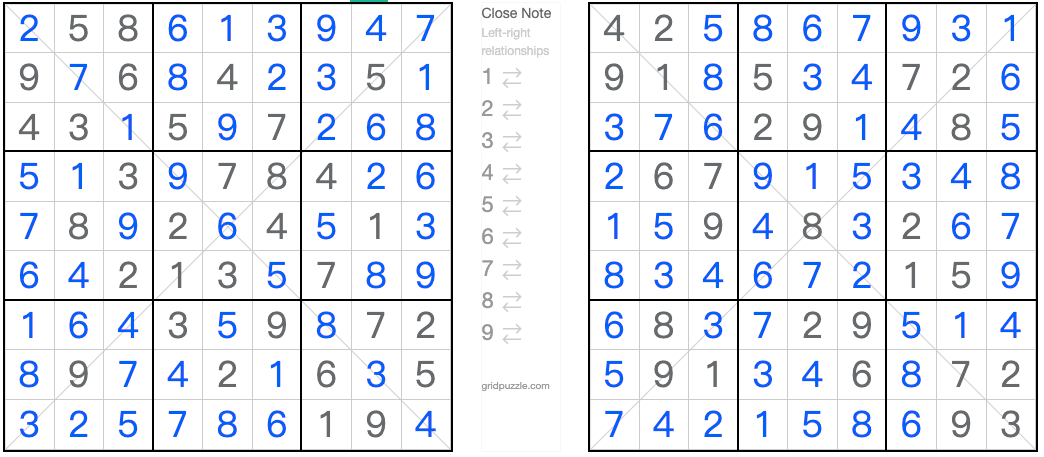 Twin Corresponding Diagonal Anti-knight Sudoku solution